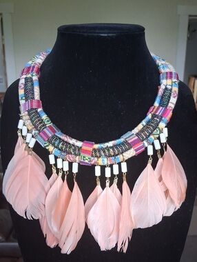 Boho Ethnic Urban Festival Fabric Multicolor Bead Collar Necklace Feather Fringe